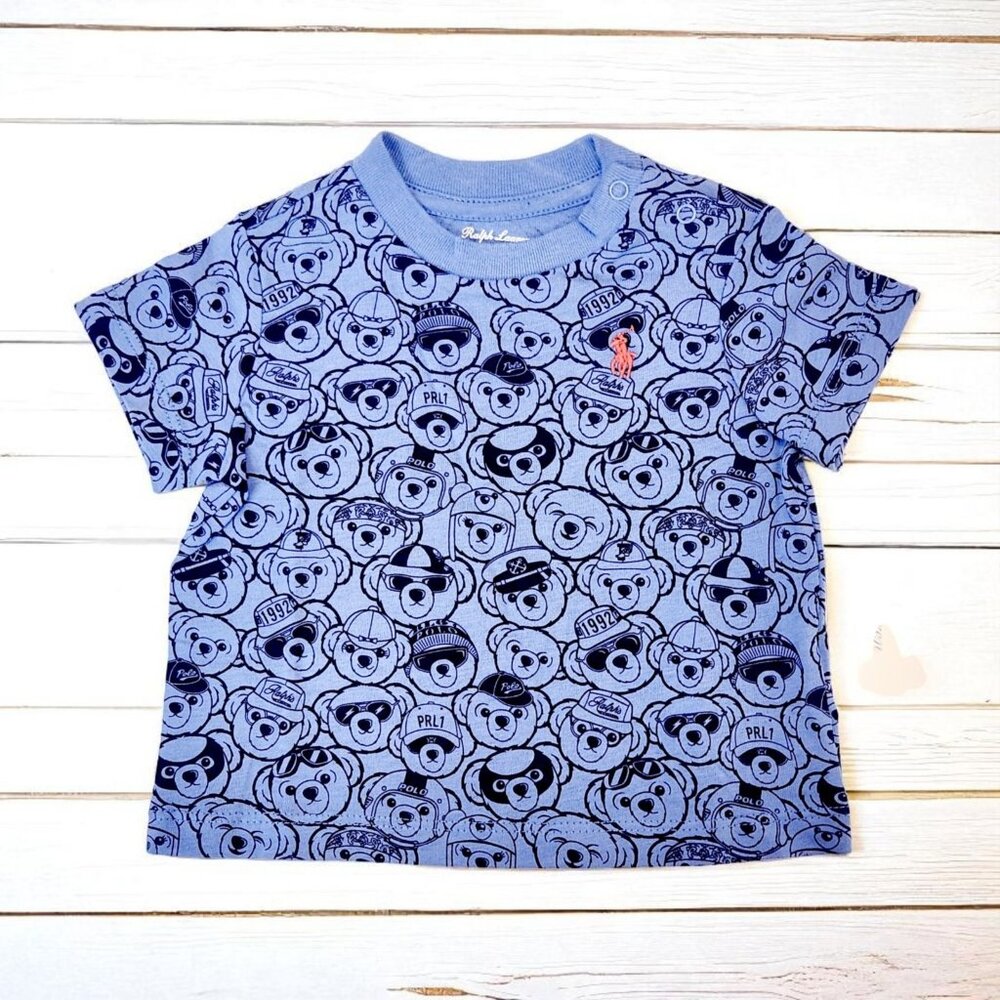 NEW Ralph Lauren Polo Bear AOP Blue T-Shirt Embroidered Pony Infant 3 Months NWT